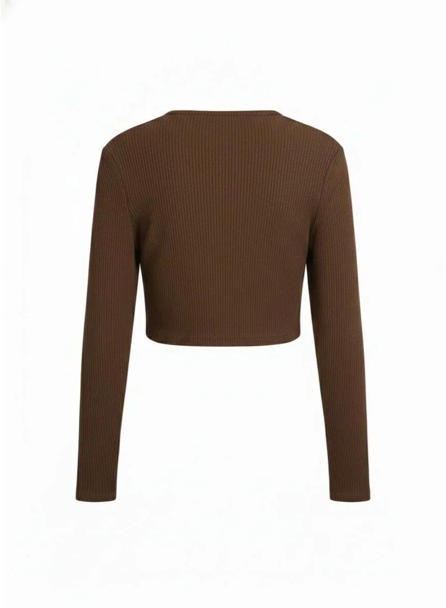 Chocolate Tie-Front Crop Cardigan, view 2